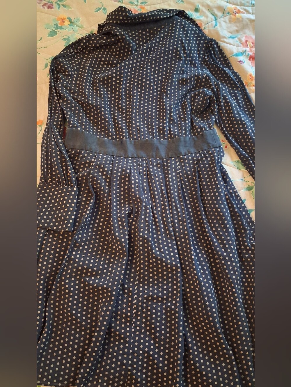 Black Silk Polka Dot Pleated Skirt Button Up Dress - Picture 6 of 7